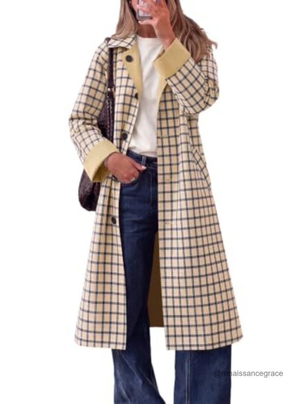 Reversible Plaid Trench Coat Windproof Long Overcoat Button Front